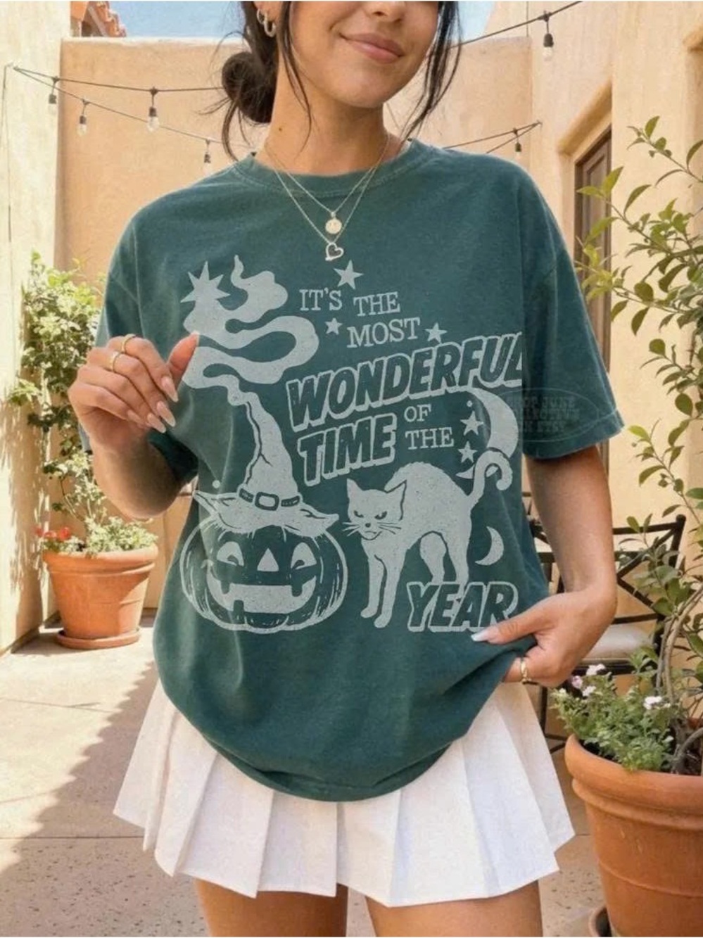 Green 'It's the Most Wonderful Time of the Year' Cat & Pumpkin Tee - Unbranded